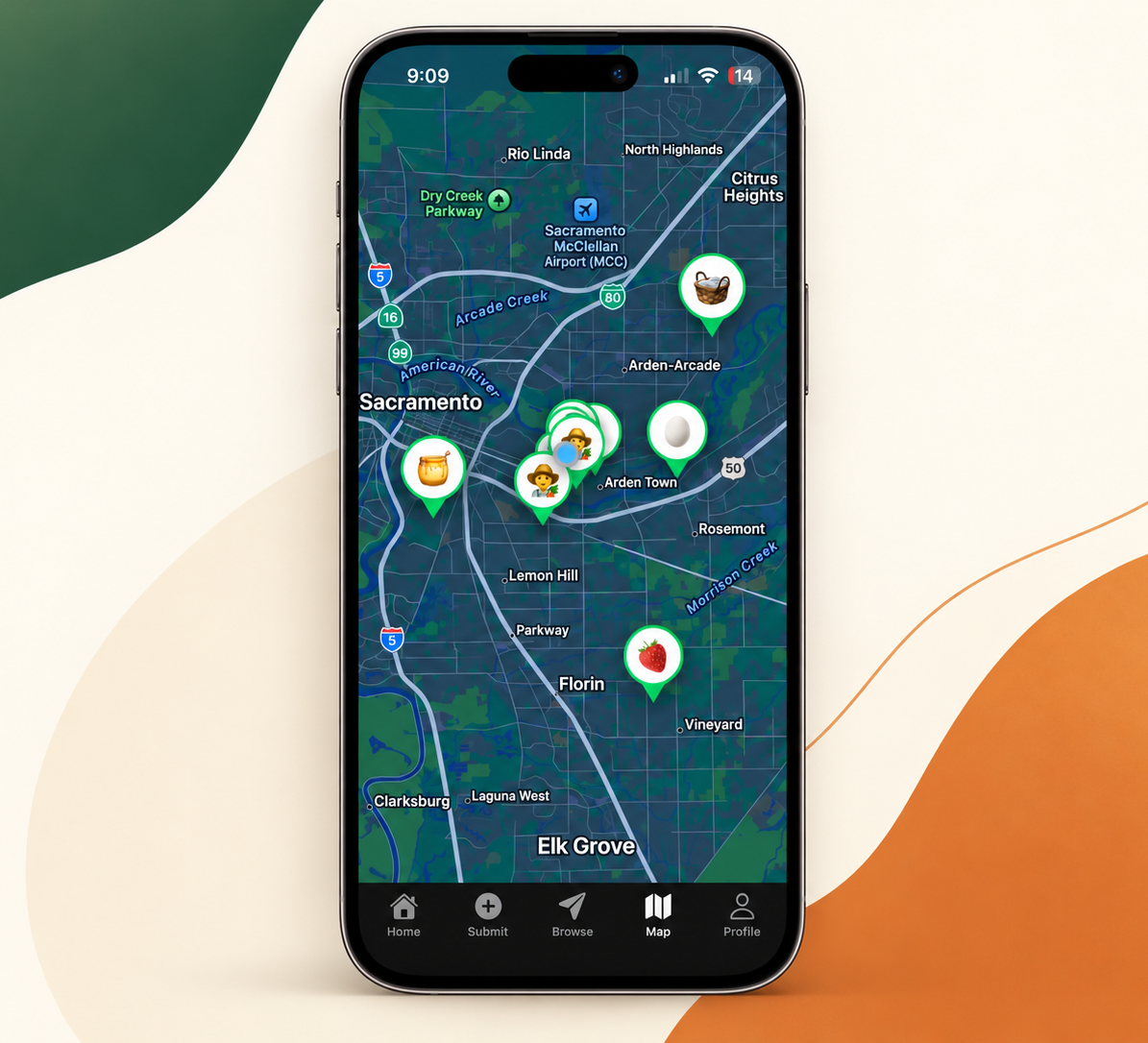 Farm Fresh Finder map showing nearby farms, markets, and local food businesses